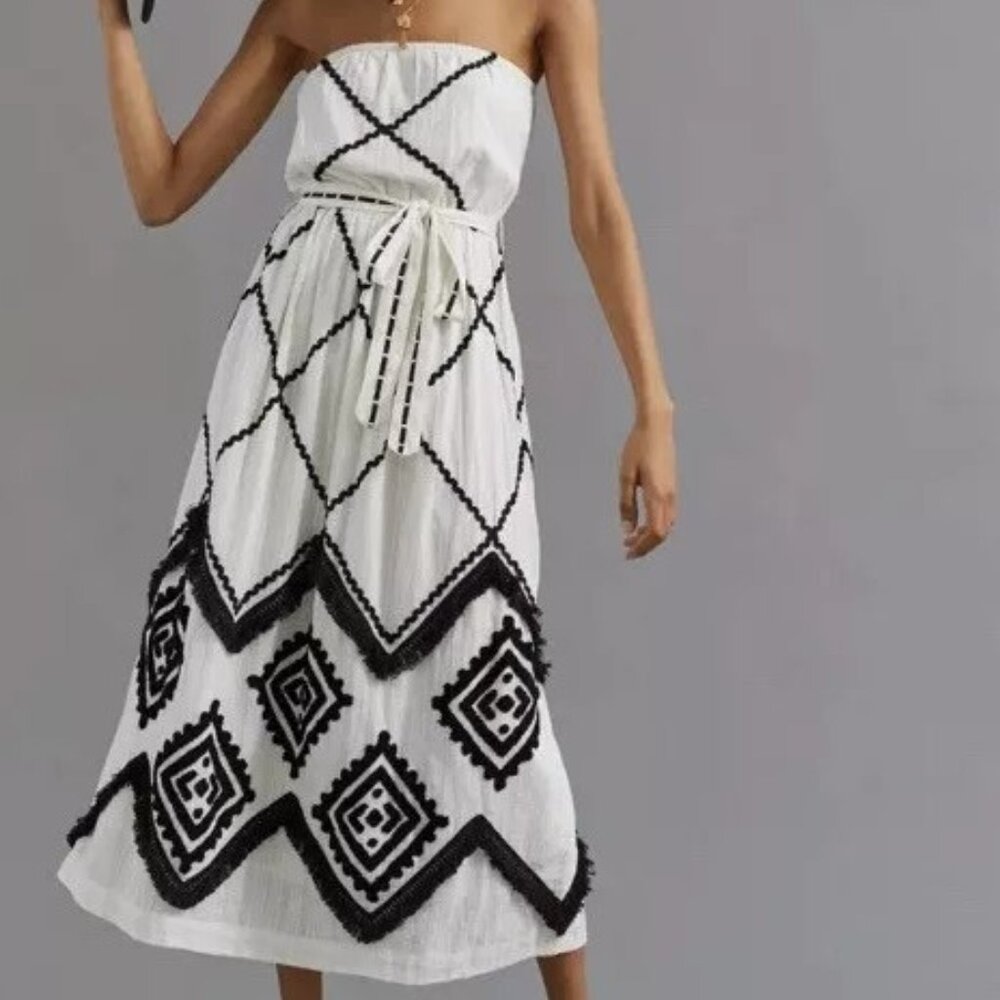 Anthropologie White Maxi Dress with Black Geometric Trim - Picture 2 of 7